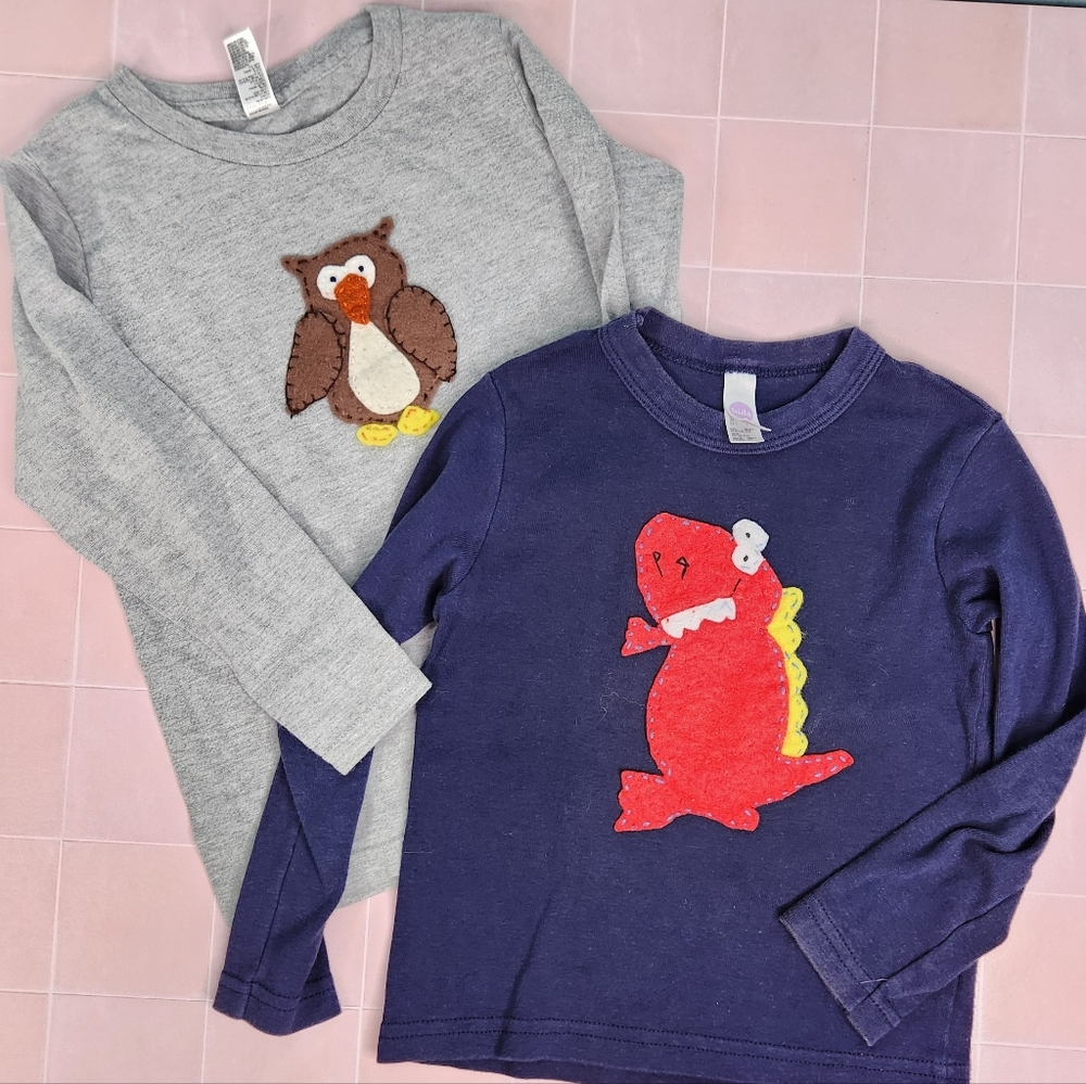 American Apparel Applique Long Sleeve Shirts with Dinosaur and Owl Designs